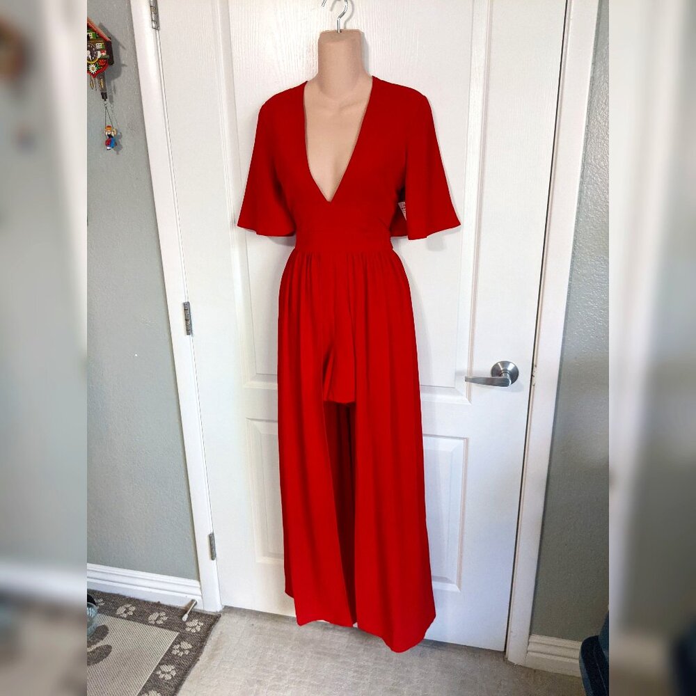 Red Maxi Jumpsuit Dress by Haute Monde- Size S